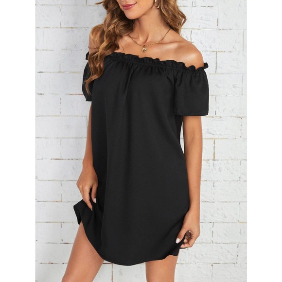 Boho Off the Shoulder Frill Trim mini Dress black - Picture 4 of 5